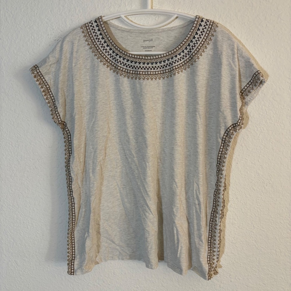 J. Jill Pure Jill Embroidered Round-Neck Tee Women Medium Oatmeal